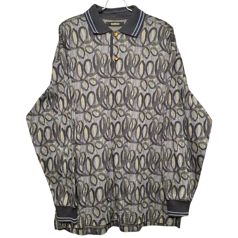 Bachrach Mens Long Sleeve Polo Shirt Geometric Pattern Button Neck Casual Top L